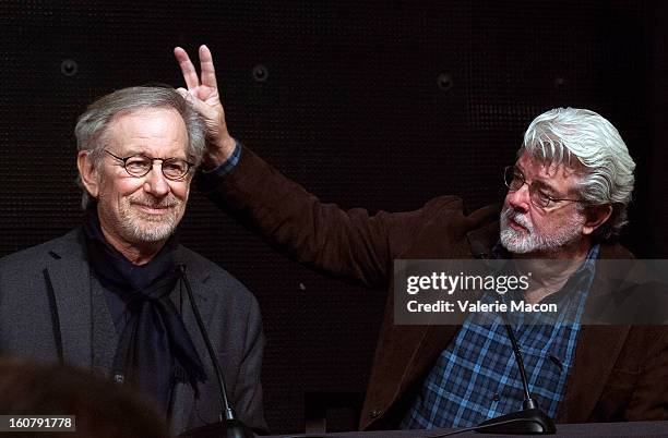 Steven Spielberg and George Lucas attend the Dedication of The Sumner M. Redstone Production Building at USC on February 5, 2013 in Los Angeles,...