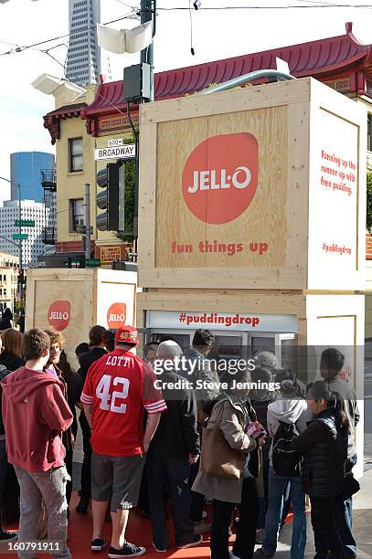 Crowd is served JELL-O pudding at the JELL-O Make The Taste of Defeat Sweet on February 5, 2013 in San Francisco, California.