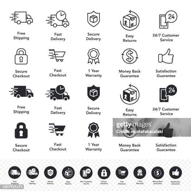 black and white e-commerce warranty icons - online shopping stock illustrations