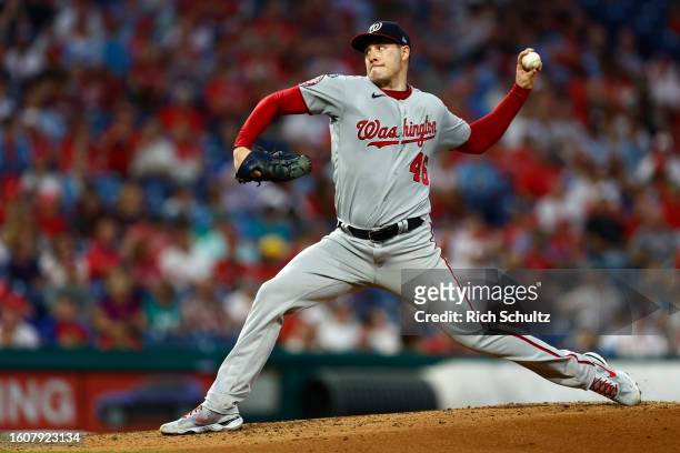 Pitcher Patrick Corbin of the Washington Nationals in action against the Philadelphia Phillies during a game at Citizens Bank Park on August 10, 2023...