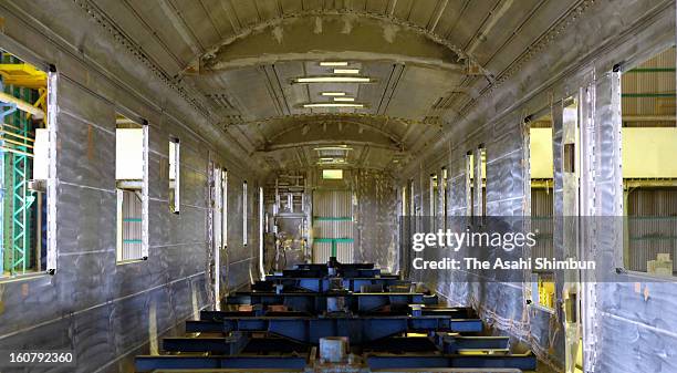 The frame of the rear coach of JR Kyushu's luxury train 'Nanatsuboshi' is seen during a press preview at Hitachi Ltd Kasado Factory on February 5,...