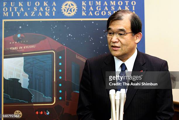 Kyushu' president Koji Karaike speks on their luxury train 'Nanatsuboshi' during a press preview at Hitachi Ltd Kasado Factory on February 5, 2013 in...