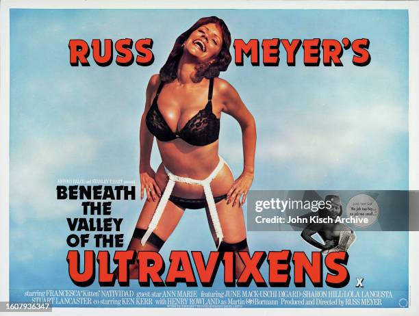 Poster advertises the British release of 'Beneath the Valley of the Ultra Vixens,' directed by Russ Meyer and starring Kitten Natividad, 1979.