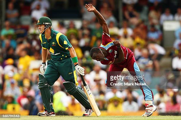 Kemar Roach of the West Indies bowls during the Commonwealth Bank One Day International Series between Australia and the West Indies at Manuka Oval...