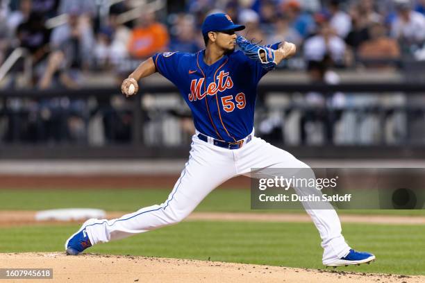 Carlos Carrasco of the New York Mets throws a pitch during the third inning of the game against the Chicago Cubs at Citi Field on August 08, 2023 in...