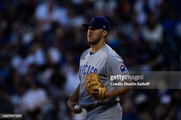 Jameson Taillon of the Chicago Cubs stands on the mound during the first inning of the game against the New York Mets at Citi Field on August 08,...