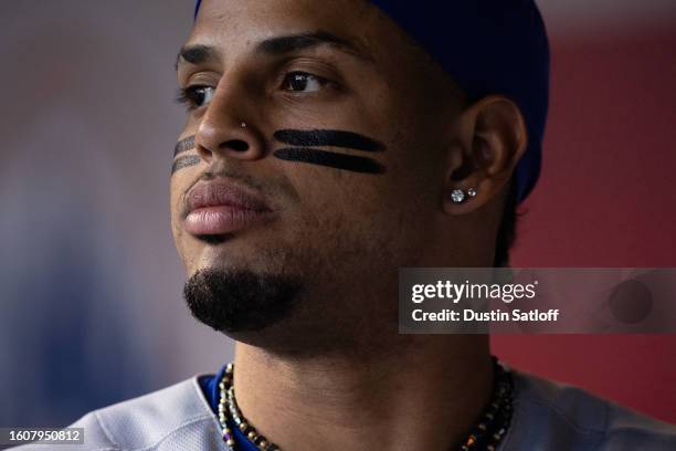 Christopher Morel of the Chicago Cubs looks on from the dugout during the first inning of the game against the New York Mets at Citi Field on August...