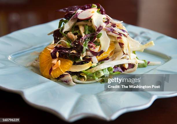 Bitter Greens with Shaved Radish, Orange, and Anchovy Vinaigrette are photographed Tuesday, January 30, 2013 in Chevy Chase, MD.