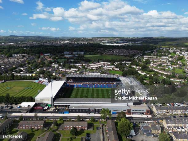 An Aerial View of Turf Moor prior to the Premier League match between Burnley FC and Manchester City at Turf Moor on August 11, 2023 in Burnley,...