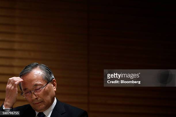 Takashi Yamanouchi, chief executive officer of Mazda Motor Corp., reacts during a news conference in Tokyo, Japan, on Wednesday, Feb. 6, 2013. Mazda,...