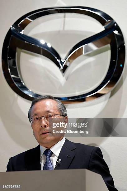 Takashi Yamanouchi, chief executive officer of Mazda Motor Corp., speaks during a news conference in Tokyo, Japan, on Wednesday, Feb. 6, 2013. Mazda,...
