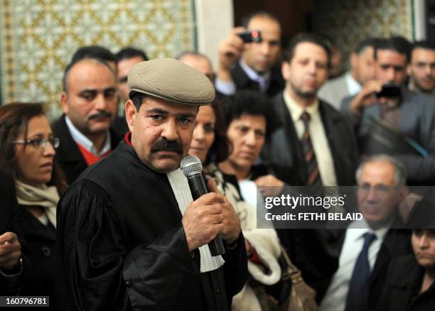 Tunisian lawyer and human rights activist Chokri Belaid speaks as he attends a meeting along with other lawyers in Tunis on December 29, 2010 to...