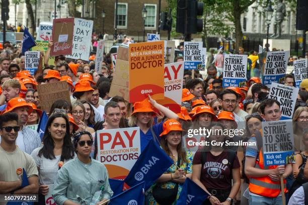 Striking Junior Doctors hold a protest rally in Whitehall outside Downing street on August 11, 2023 in London, England. Junior doctors, members of...