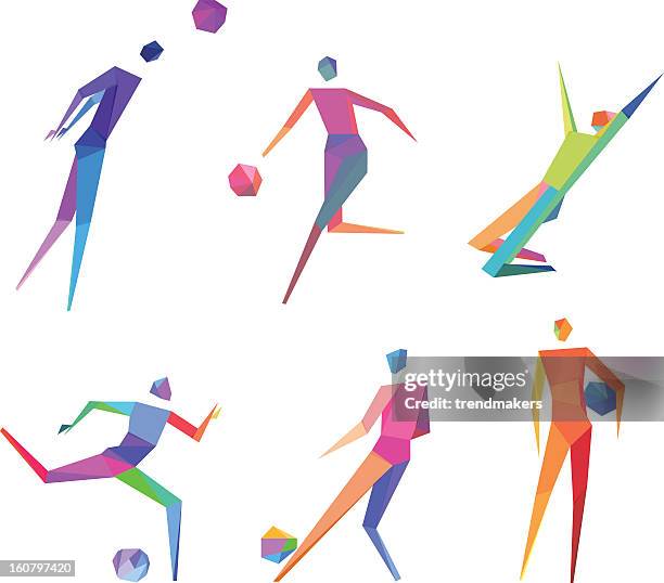 collection of six polygonal people playing soccer - basketball fans stock illustrations