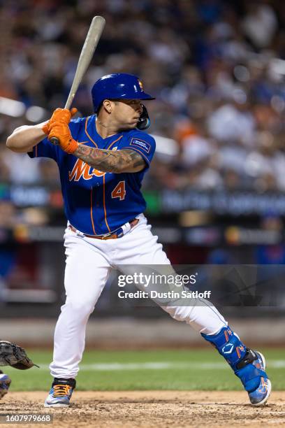 Francisco Alvarez of the New York Mets at bat during the eighth inning of the game against the Chicago Cubs at Citi Field on August 08, 2023 in New...