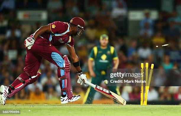 Kieron Pollard of the West Indies is run out during the Commonwealth Bank One Day International Series between Australia and the West Indies at...