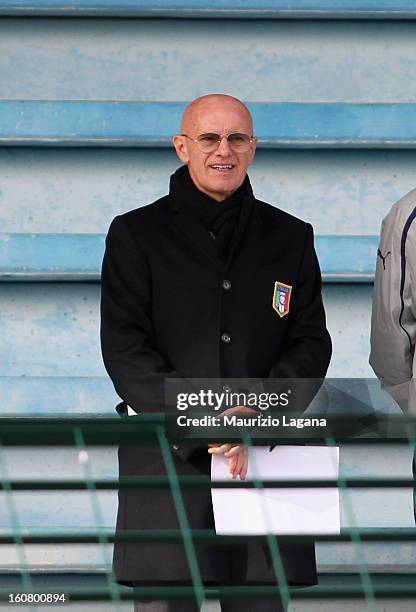 Arrigo Sacchi looks on during Under 19 International Friendly match between Italy and Germany at Stadio Comunale San Pio on February 6, 2013 in Santo...