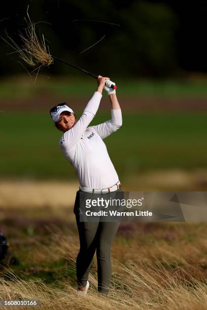 Gaby Lopez of Mexico plays her second shot on the 18th hole on Day Two of the AIG Women's Open at Walton Heath Golf Club on August 11, 2023 in...