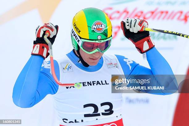 Italy's Siegmar Klotz reacts after competing during the men's Super-G event of the 2013 Ski World Championships in Schladming, Austria on February 6,...