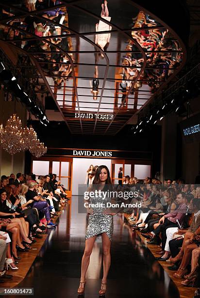 Model showcases designs by Rachel Gilbert on the catwalk during the A/W 2013 Season Launch at David Jones Castlereagh Street on February 6, 2013 in...