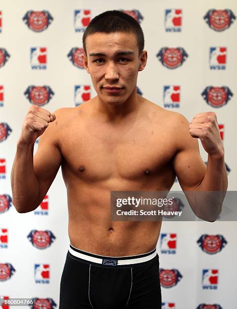 Miras Bairkhanov of Astana Arlans Kazakhstan during the weigh in for the British Lionhearts v Astana Arlans Kazakhstan in the World Series of Boxing...