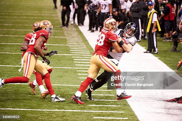 Super Bowl XLVII: Baltimore Ravens Justin Tucker in action vs San Francisco 49ers Darcel McBath at Mercedes-Benz Superdome. New Orleans, LA 2/3/2013...