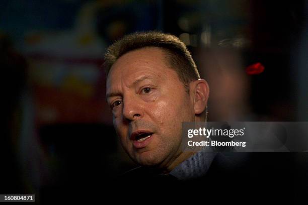 Yannis Stournaras, Greece's finance minister, speaks during a Bloomberg Television interview in his office in Athens, Greece, on Wednesday, Feb. 6,...