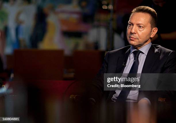 Yannis Stournaras, Greece's finance minister, pauses during a Bloomberg Television interview in his office in Athens, Greece, on Wednesday, Feb. 6,...