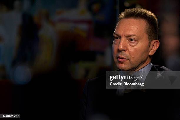 Yannis Stournaras, Greece's finance minister, speaks during a Bloomberg Television interview in his office in Athens, Greece, on Wednesday, Feb. 6,...