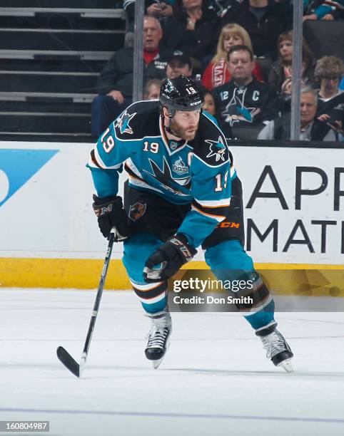 Joe Thornton of the San Jose Sharks skates up the ice against the Nashville Predators during an NHL game on February 2, 2013 at HP Pavilion in San...