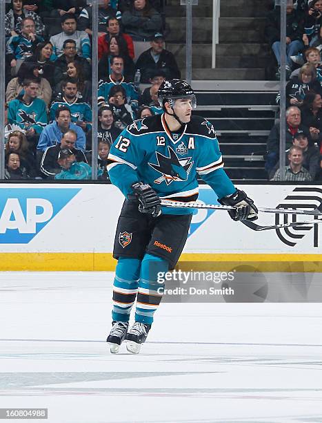 Patrick Marleau of the San Jose Sharks skates up the ice against the Nashville Predators during an NHL game on February 2, 2013 at HP Pavilion in San...