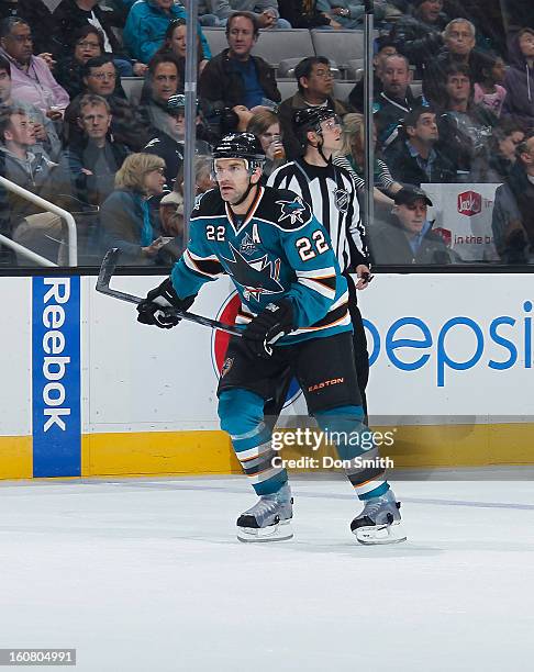 Dan Boyle of the San Jose Sharks skates up the ice against the Nashville Predators during an NHL game on February 2, 2013 at HP Pavilion in San Jose,...