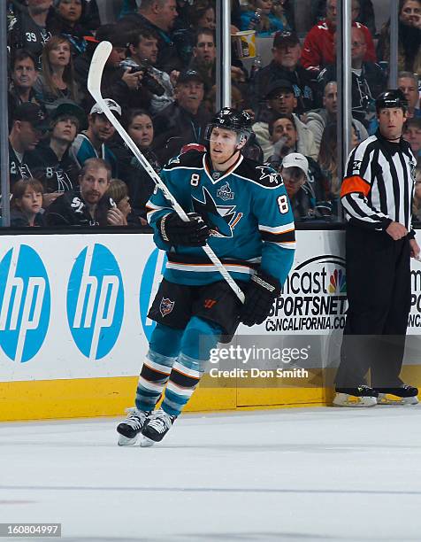 Joe Pavelski of the San Jose Sharks skates up the ice against the Nashville Predators during an NHL game on February 2, 2013 at HP Pavilion in San...