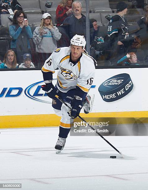 Rich Clune of the Nashville Predators warms up before a game against the San Jose Sharks during an NHL game on February 2, 2013 at HP Pavilion in San...