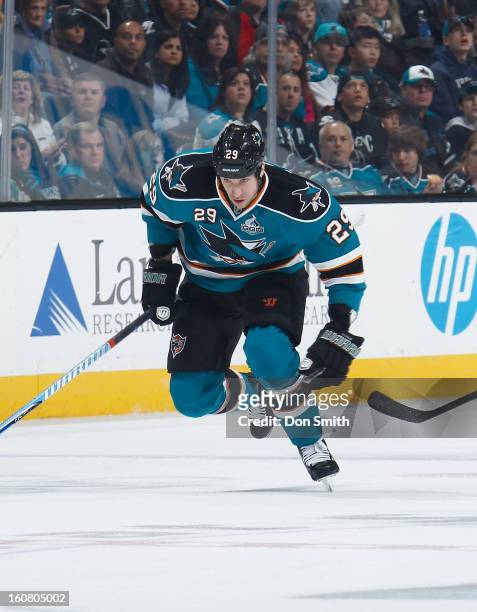 Ryane Clowe of the San Jose Sharks skates up the ice against the Nashville Predators during an NHL game on February 2, 2013 at HP Pavilion in San...