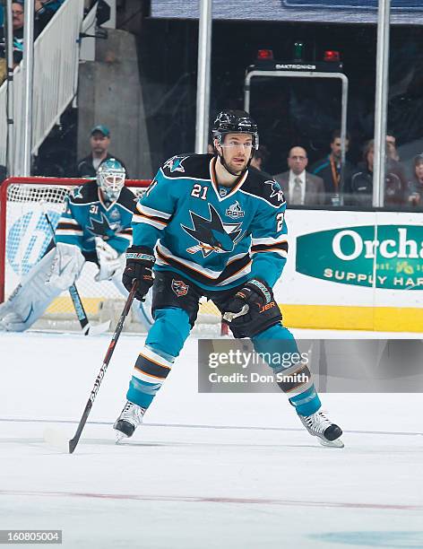 Galiardi of the San Jose Sharks skates after the puck against the Nashville Predators during an NHL game on February 2, 2013 at HP Pavilion in San...