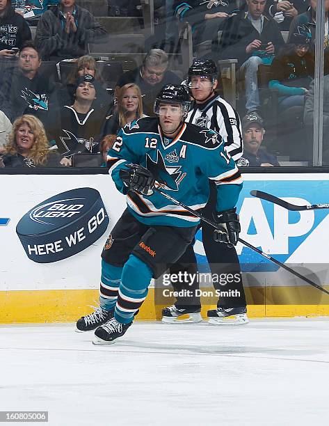 Patrick Marleau of the San Jose Sharks skates after the puck against the Nashville Predators during an NHL game on February 2, 2013 at HP Pavilion in...