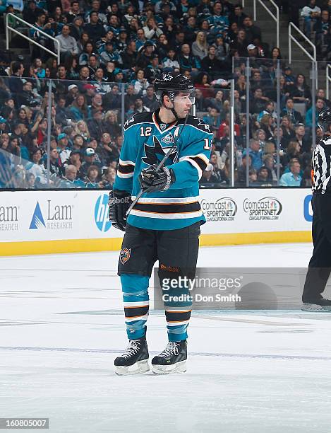Patrick Marleau of the San Jose Sharks skates up the ice against the Nashville Predators during an NHL game on February 2, 2013 at HP Pavilion in San...