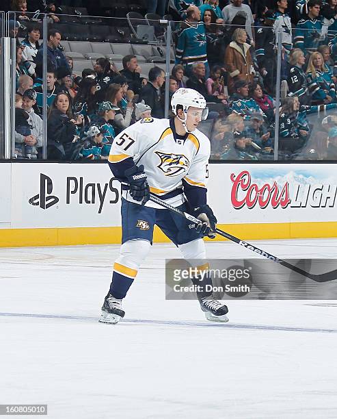 Gabriel Bourque of the Nashville Predators warms up before a game against the San Jose Sharks during an NHL game on February 2, 2013 at HP Pavilion...
