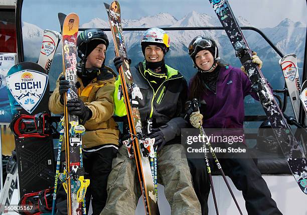 Team USA 2014 Olympic hopefuls Bobby Brown, Tom Wallisch and Keri Herman pose for a photo during the Today Show One Year Out To Sochi 2014 Winter...