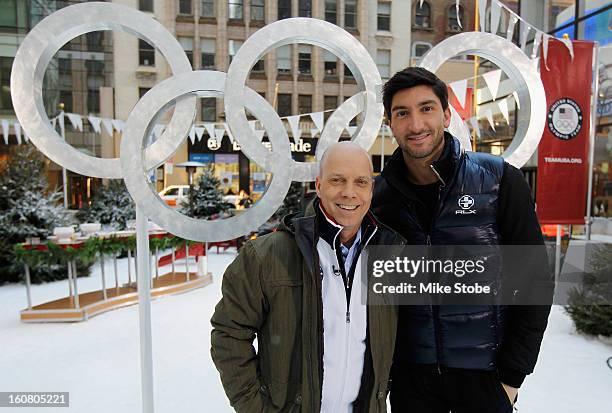 Figure skating legend Scott Hamilton and Team USA 2014 Olympic figure skating hopeful Evan Lysacek pose for a photo during the Today Show One Year...