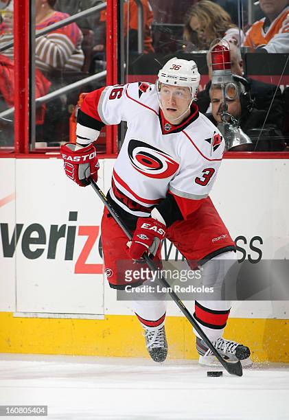 Jussi Jokinen of the Carolina Hurricanes skates the puck against the Philadelphia Flyers on February 2, 2013 at the Wells Fargo Center in...