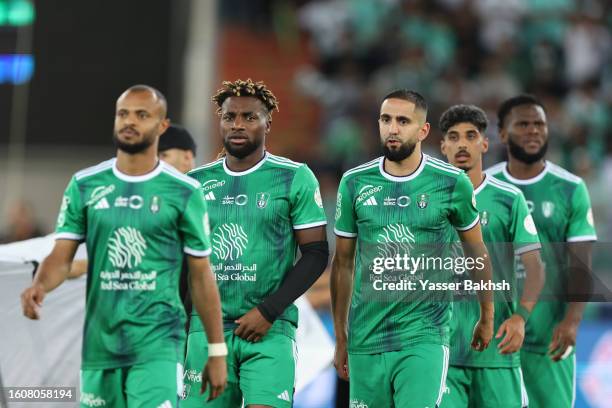 Allan Saint-Maximin of Al-Ahli looks on prior to the Saudi Pro League match between Al-Ahli Saudi and Al-Hazm at the Prince Abdullah AlFaisal stadium...