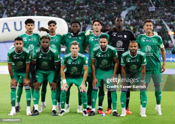 Players of Al-Ahli pose for a team photograph prior to the Saudi Pro League match between Al-Ahli Saudi and Al-Hazm at the Prince Abdullah AlFaisal...