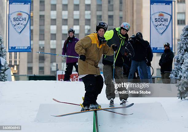 Team USA 2014 Olympic hopeful Tom Wallisch demonstrated slopestyle skiing during the Today Show One Year Out To Sochi 2014 Winter Olympics...