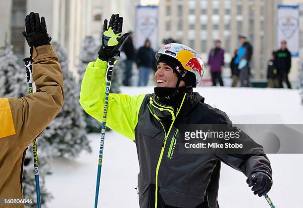 Team USA 2014 Olympic hopeful Bobby Brown high fives after demonstrated slopestyle skiing during the Today Show One Year Out To Sochi 2014 Winter...