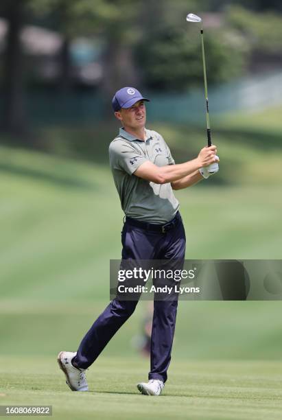 Jordan Spieth of the United States plays a second shot on the first hole during the second round of the FedEx St. Jude Championship at TPC Southwind...