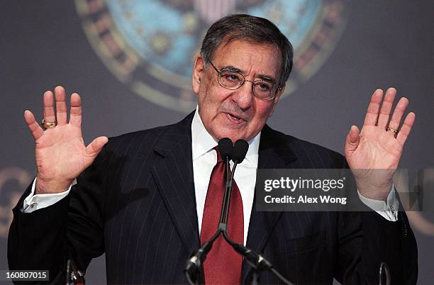 Secretary of Defense Leon Panetta delivers remarks at Gaston Hall of Georgetown University February 6, 2013 in Washington, DC. Panetta spoke on the...