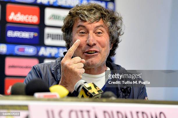Alberto Malesani answers questions during his presentation as new Coach of US Citta di Palermo at Stadio Renzo Barbera on February 6, 2013 in...