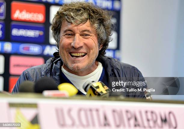 Alberto Malesani answers questions during his presentation as new Coach of US Citta di Palermo at Stadio Renzo Barbera on February 6, 2013 in...